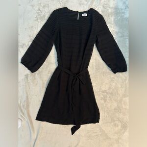 Calvin Klein Black Long Sleeve Pleated Belt Flowy Short Formal Dress